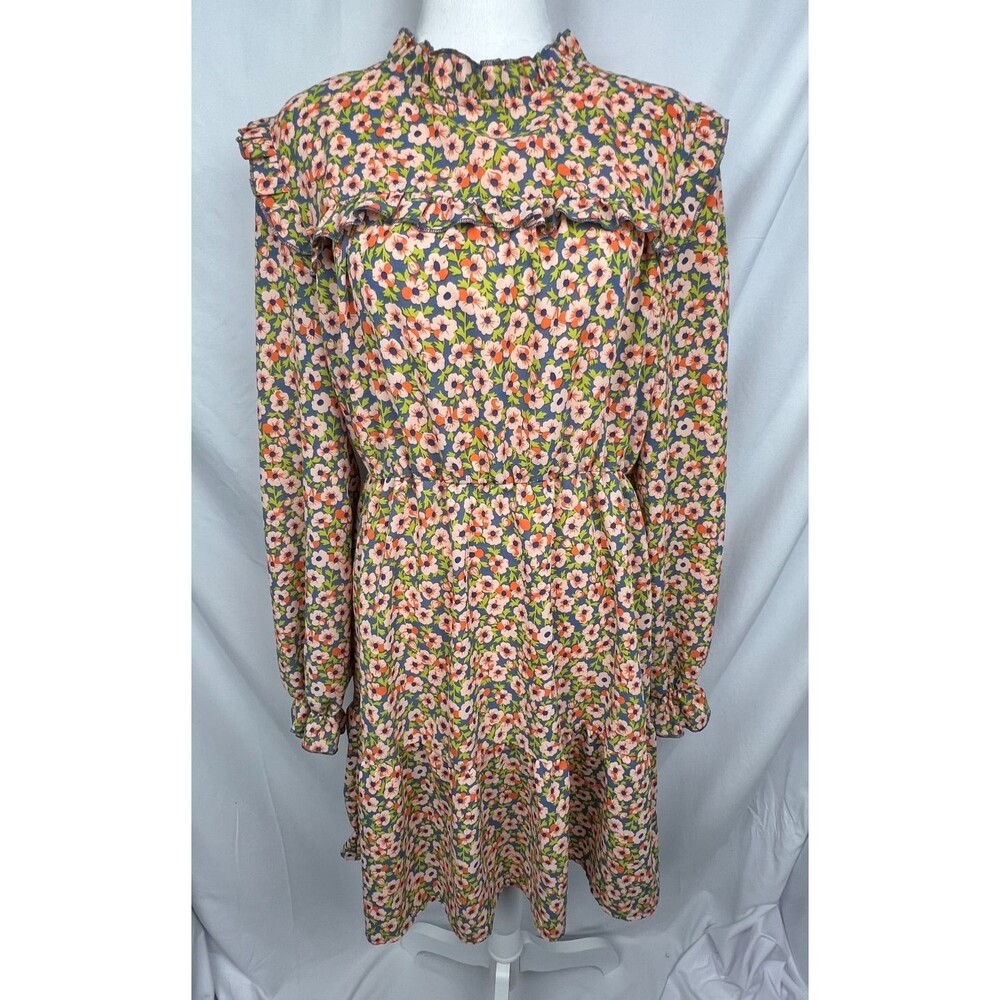 Chic Style Floral Mini Dress L Cottagecore Prairie Ruffle High Neck Long Sleeve